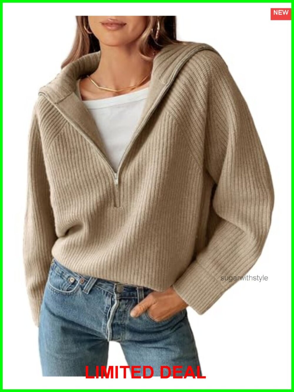 Rib Knit V Neck Quarter Zip Pullover Sweater Dropped Shoulders
